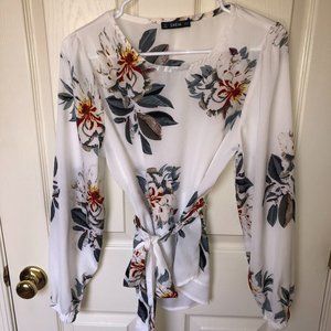 Women's SHEIN flowered, tie-front, long sleeve blouse
